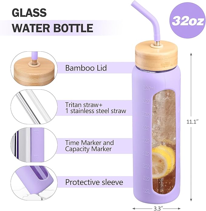 Glass Water Bottles with Straw -32oz- Water Bottle Phone Holder for Gym Large Motivational Water Bottle with Time Marker Glass Drinking Bottles 2 Lids - Spout & Bamboo Straw Lid(Purple)