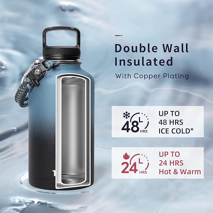 Trebo Water Bottle 64oz with Paracord Handle, Half Gallon Food-grade Double Wall Vacuum Stainless Steel Insulated Jug with Holder Strap Straw Spout Handle Lids, Leakproof Keep Cold & Hot, Indigo/Black