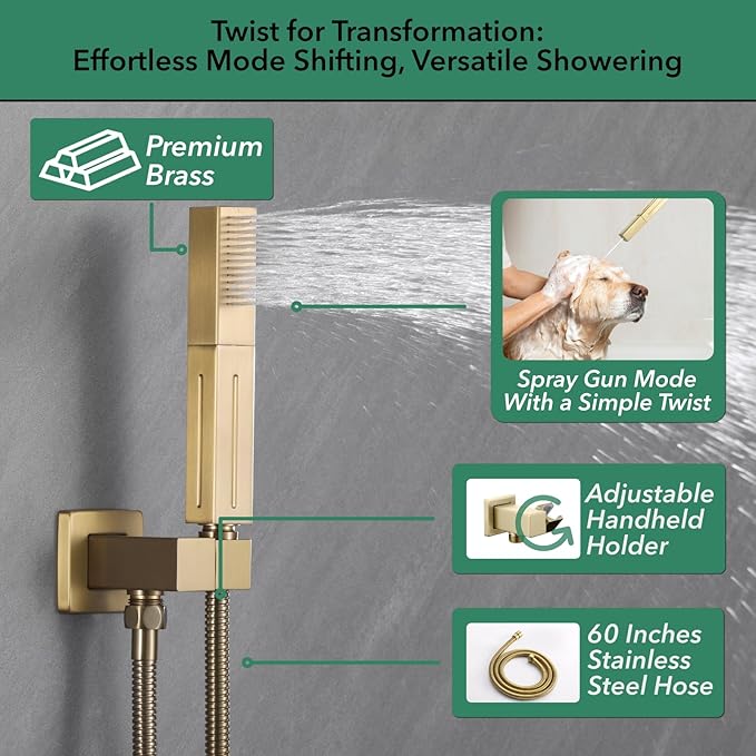 VANFOXLE Shower Faucet Set Brushed Gold Shower System,Four Modes Shower Faucet with 2 in 1 Handheld,Ceiling Mount 10 Inch Shower Head with 6 Inch Shower Head, 4 PCS Dual Modes Body Jets