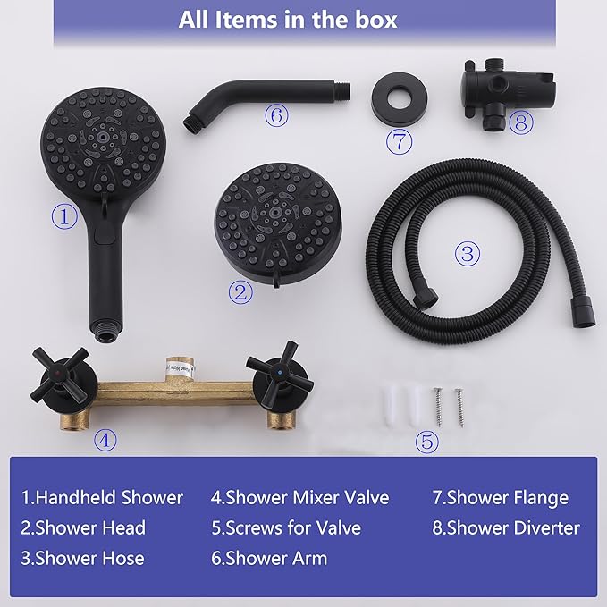 2 Handle Shower Faucet Shower System Complete 2 in 1 Shower Combo Set with Handheld Showerhead Shower Trim Kit Wall Mounted Shower Fixtures Matte Black