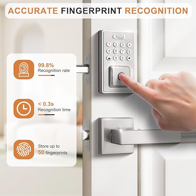 Probrico Keyless Entry Door Lock Smart Locks for Front Door, Keypad Door Lock with Handle Fingerprint Deadbolt with Handle Set, Satin Nickel Smart Deadbolt