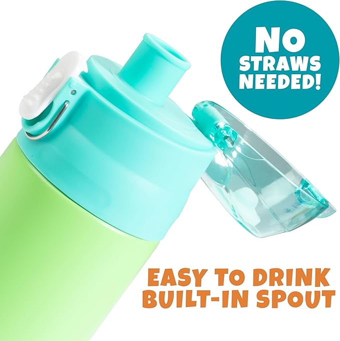 Bentology Stainless Steel 13oz Insulated Kids Water Bottle w Built In Straw- Easy to Open, Reusable BPA-Free, Fits in Most Lunch Boxes for Boys, Girls, School, Sports, Camp- Keep Drink Cold All Day