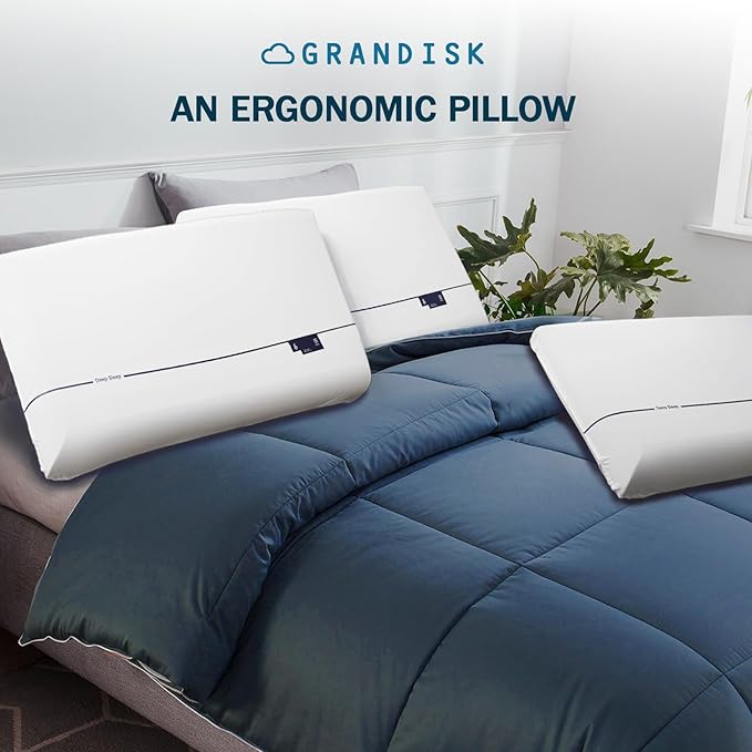 Grandisk Memory Foam Pillows for Neck Pain Relief Dual Core Side Back Stomach Cervical Pillow with Ergonomic