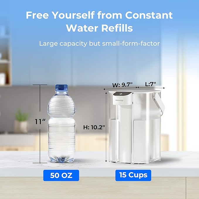 Waterdrop Chloramine Reduction Electric Water Filter Pitcher, Dispenser, 200-Gallon Long-Life Filtered Water Pitchers, NSF/ANSI 42, Reduce Chloramine, Lead, PFAS, 15-Cup, White, with 1 Filter