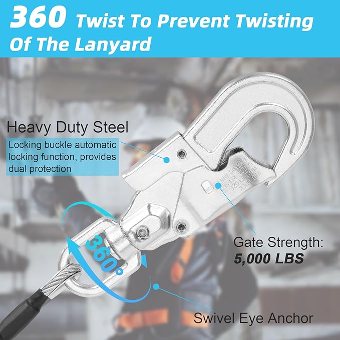 20 FT Retractable Safety Lanyard, Self Retracting Lanyard 20 FT with Inside Shock Absorber, No Tangle-20 Foot Retractable Fall Protection Lanyard Galvanized Steel Cable for Fall Arrest Roofing Gear