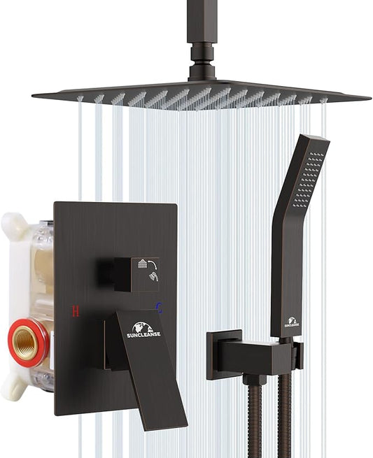 SunCleanse Rainfall Shower System Oil Rubbed Bronze Shower Faucet Combo Set with High Pressure 12 Inches Square Rain Shower Head, Handheld and Shower Faucet Rough-in Mixer Valve and Trim