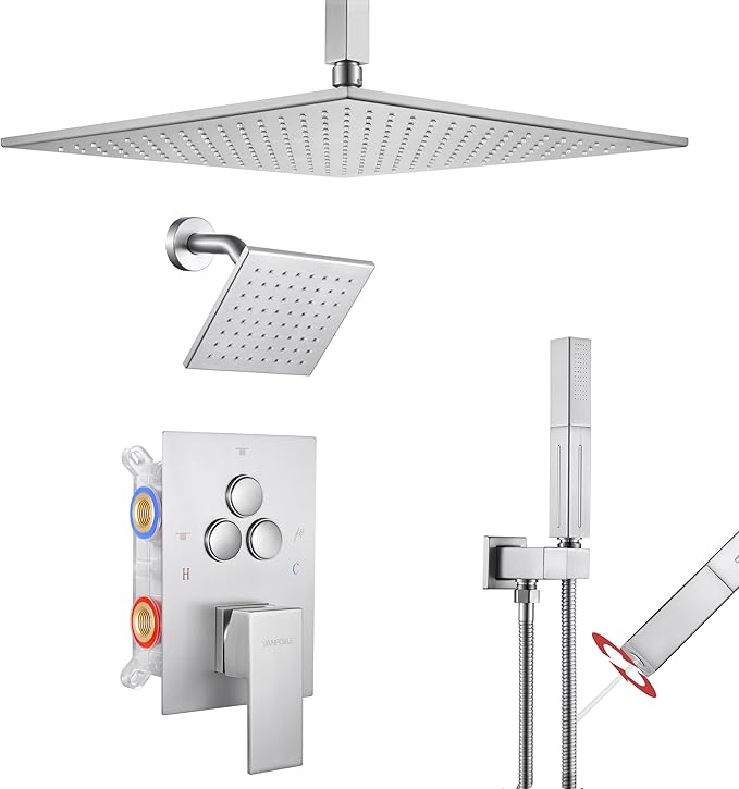 VANFOXLE Shower Faucet Set Brushed Nickel Shower System,Push Button Diverter Shower Faucet with 2 in 1 Handheld,Ceiling Mount Increased Thickness 12 Inch Shower Head with 6 Inch Wall Mount Shower Head