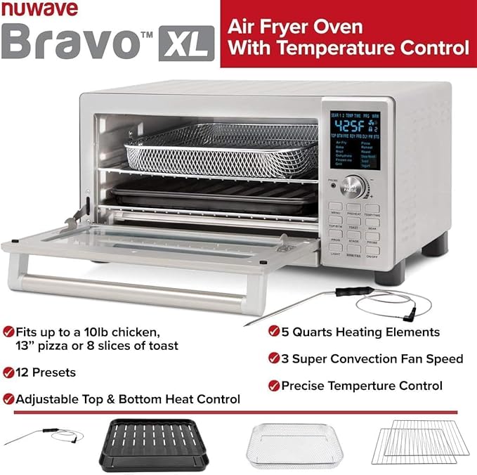 Nuwave Bravo Air Fryer Toaster Smart Oven, 12-in-1 Countertop Convection, 30-QT XL Capacity, 50°-500°F Temperature Controls, Top and Bottom Heater Adjustments 0%-100%, Brushed Stainless Steel Look