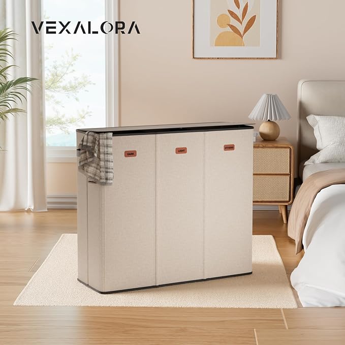 185L Laundry Hamper 3 Section, Laundry Hamper with Lid, Dirty Clothes Hamper with 3 Removable Washing Bags, Extra Large Laundry Basket Organizer for Bedroom, Laundry Room, Dorm - Khaki