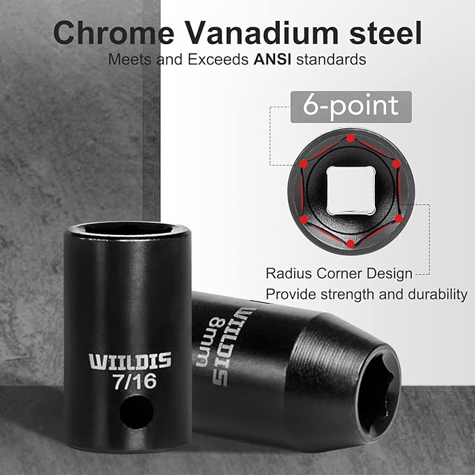 Impact Socket Set, 33-Piece, 3/8" Drive Socket Set with 72 Teeth Reversible Ratchet Wrench, CR-V, 6 Point, SAE/Metric, 5/16 Inch - 7/8 Inch, 6mm - 24mm, Mechanic Tool Kits for Men