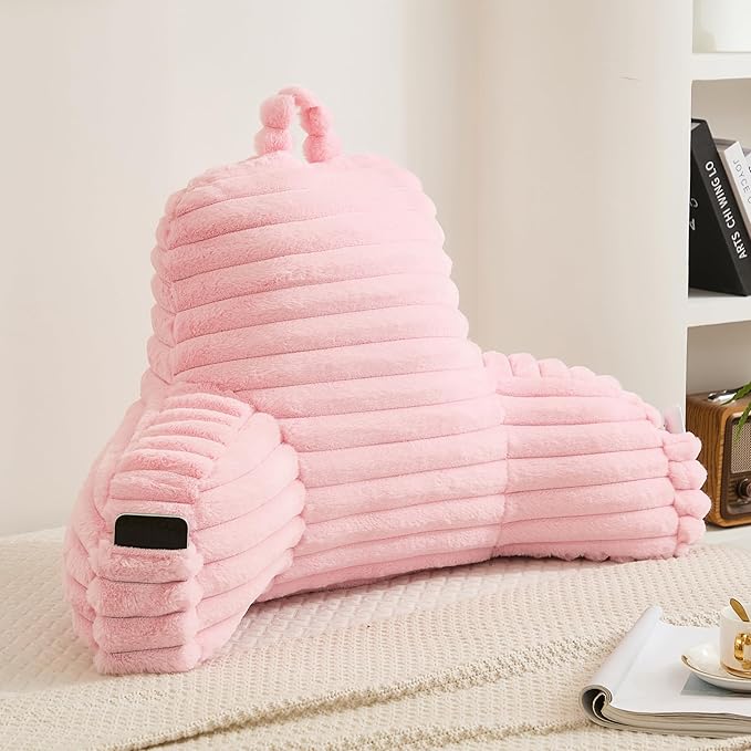 Faux Fur Fluffy Pink Reading Pillow with Pockets, Luxury Striped Plush Decorative, Arm Rests and Back Surport for Bed Rest, Lounging on sofa, Large