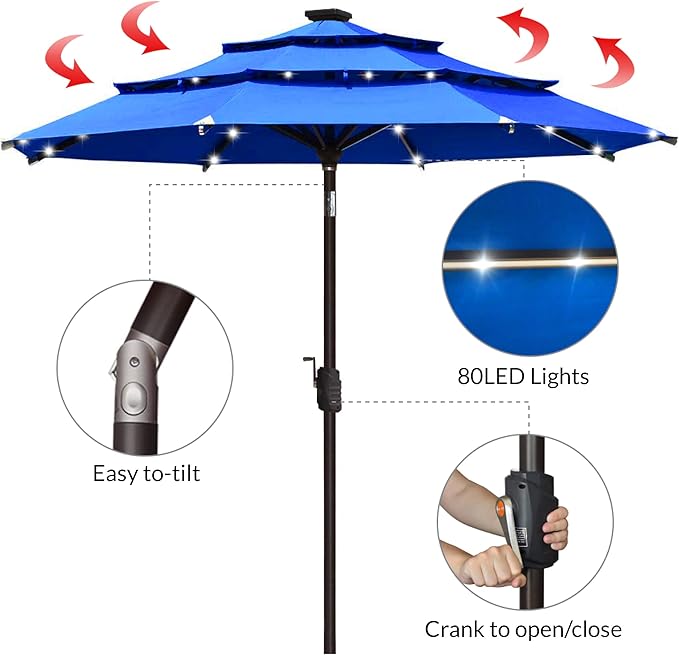 EliteShade USA Solar 9ft 3 Tiers Market Umbrella with 80 LED Lights Patio Umbrellas Outdoor Table with Ventilation and 5 Years Non-Fading Top,Royal Blue