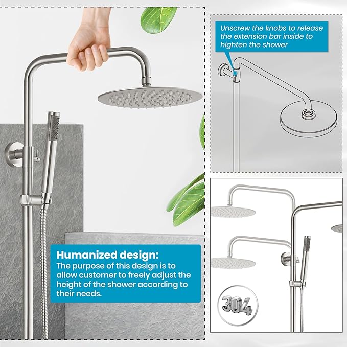 gotonovo Outdoor Shower Fixtures SUS304 Stainless Steel Rain Shower Kit Faucet High Pressure Wall Mount 2 Dual Function 8 Inch Showerhead and Handheld Spray Combo, Double Cross Handle, Brushed Nickel