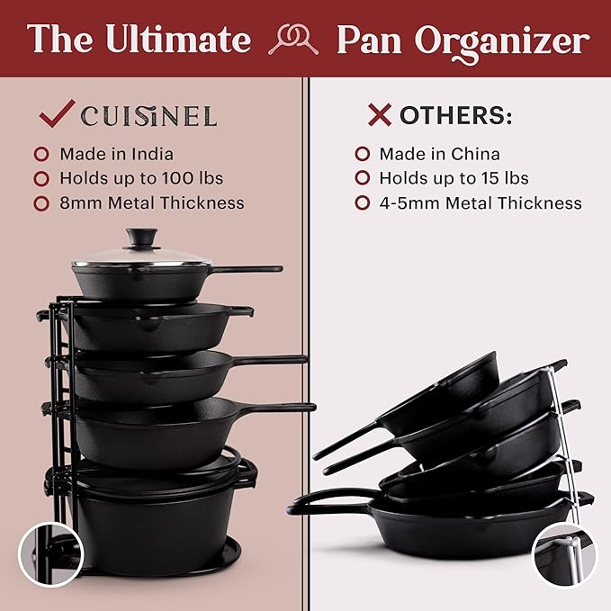Cuisinel Heavy Duty Pan Organizer - Extra Large 5-Tier Rack - For Cast Iron Skillets, Dutch Oven, Griddles - Durable Steel Construction - Space Saving Kitchen Storage - No Assembly Required - Blue 15"