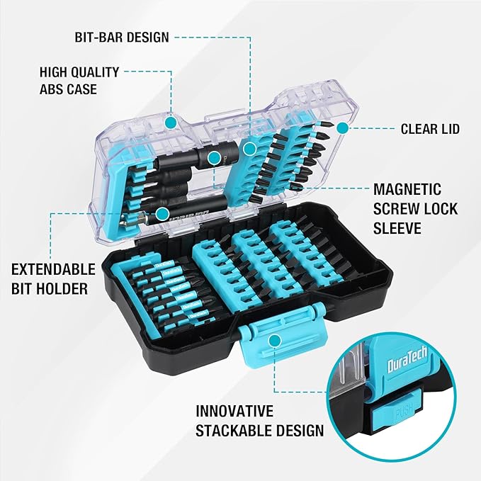 DuraTech 53 PCS Impact Screwdriver Bit Set with Tough Case, S2 Steel Security Torx Bit Set, CNC Machined Tips, 1" & 2" Long Impact Bits with extendable bit holder and magnetic nut driver