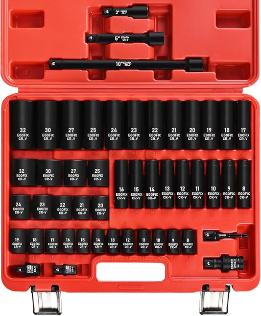 1/2" Drive Impact Socket Set 49 Piece, Standard and Deep Metric Socket (9-25mm, 27, 30, 32mm), Includes Extension Bars, Universal Joint and Adapter, 6 Point Design,Cr-V steel