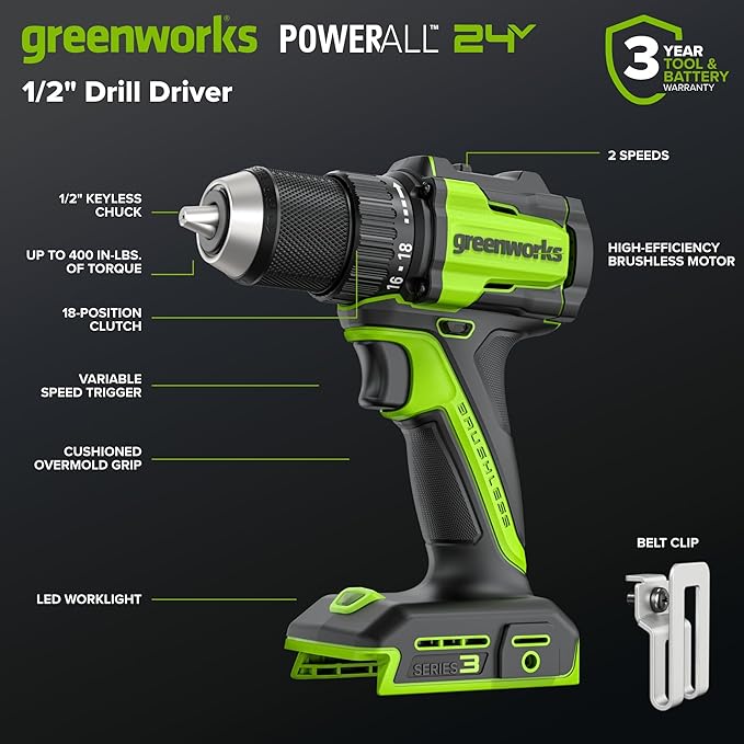 Greenworks 24V Cordless Brushless 400 in-lbs Drill/Driver, Lightweight, LED Work Light,18+1 Clutch, 2.0Ah USB-C Battery (12,000mAh Power Bank),30W USB-C Charger and USB C to USB C Cable(3.3FT)