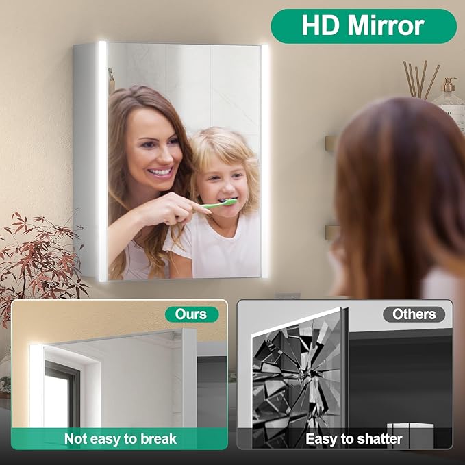 16x20 Inch Medicine Cabinet with LED Light Mirror, Brightneess Adjustable and Full-Assembled Bathroom Aluminum Cabinet with Storage, Surface or Recessed Tempered Cabinet, Farmhouse Sliver