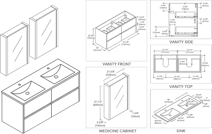 Blossom 48 Inch Bathroom Vanity with Double Ceramic Sinks and Mirror Medicine Cabinet | All Wood Floating Bathroom Vanity Cabinet | 2x2 Soft-Closing U-Shaped Cutout Drawers | 48 Inch, Glossy White