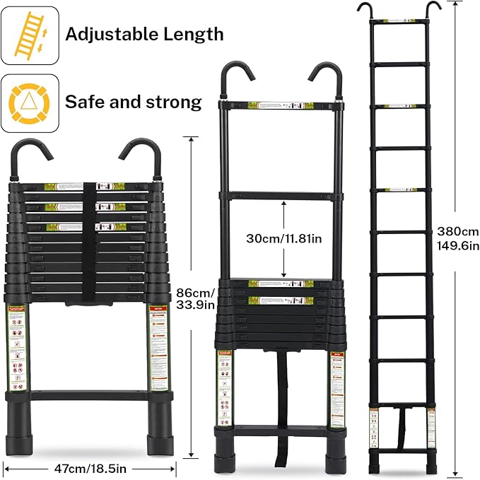 Telescopic Ladder, 12.5FT RIKADE Aluminum Telescoping Ladder with Non-Slip Feet and Stable Hook, Portable Extension Ladder for Household and Outdoor Working, 330lb Capacity Black