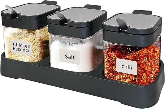 XIUDI Glass Spice Jars(3 piecesset)，Seasoning Containers with 304 Stainless Steel Lids and Spoons，Clear Glass Condiment Canisters Pots Seasoning Box Salt Container Sugar Bowl，for Kitchen,