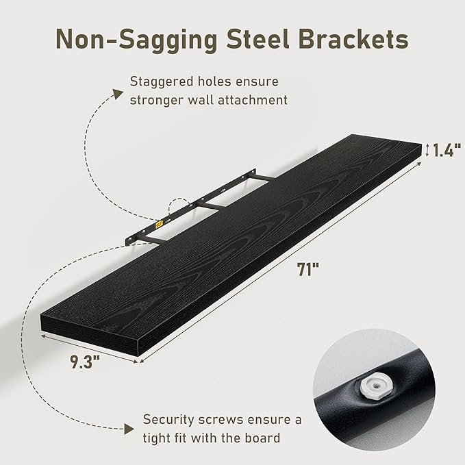 Fun Memories 72 Inch Floating Shelves for Wall 2 Pack Shelves for Bedroom|Kitchen|Bathroom 72 x 9.3 Inch Wood Floating Shelf with Invisible Brackets for Books|Storage|Decor, Black