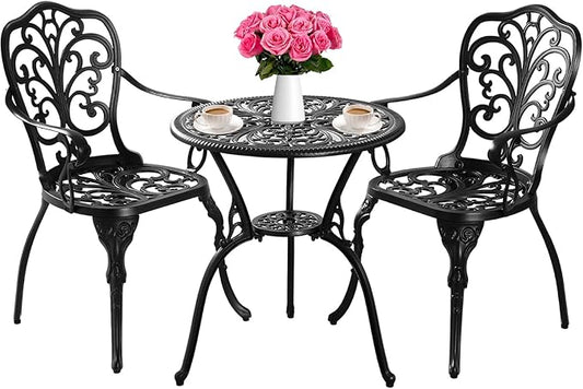 Bistro Set 3 Piece Outdoor, Bistro Table and Chairs Set of 2, All Weather Patio Bistro Set with Umbrella Hole, Patio Set for Garden, Black