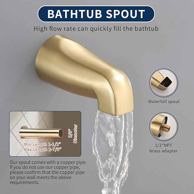 3 Handles Shower Faucet Set with Tub Spout Bathtub Shower Faucet Combo Set Shower System Complete Tub and Shower Trim Kit Brushed Gold