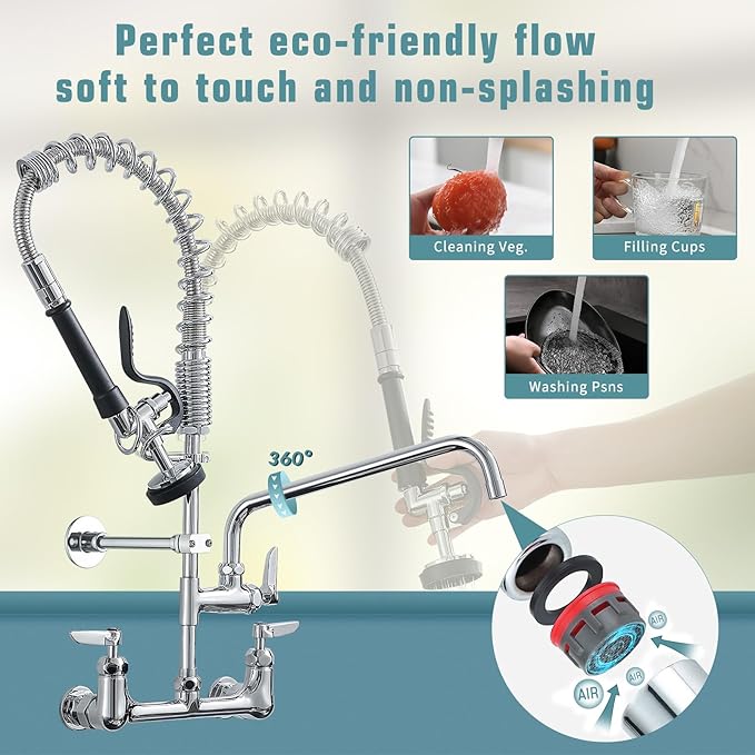 Fapully Commercial Kitchen Faucet,Wall Mount Kitchen Sink Faucet with Pre-Rinse Pull Down Sprayer,25‘’ Height 8'' Center 3 Compartment Sink Faucets with 12.2'' Swing Spout Chrome