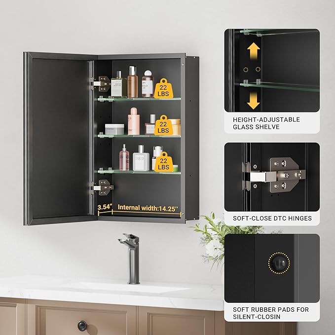 Black Medicine Cabinet Mirror, 16''x 24'' Surface or Recessed Aluminum Framed Medicine Cabinet with Beveled Mirror, Full-Assembled, Adjustable Shelves,Reversible Bathroom Mirror with Storage