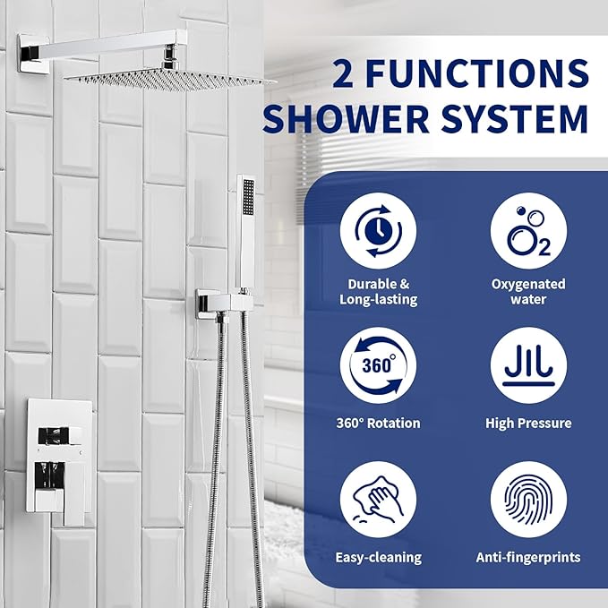 BWE 12 Inch Square Bathroom Luxury Rain Mixer Shower Combo Set Wall Mounted 2-Functions Rainfall Shower Head System Polished Chrome Shower Faucet Rough-in Valve Body and Trim Included