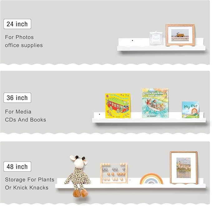 Fun Memories Picture Ledge Shelf for Wall, 48 inch Pine Wood Nursery Book Shelves Set of 2- Wall Book Shelves for Kids Room, Home Decor - Kitchen Spice-White