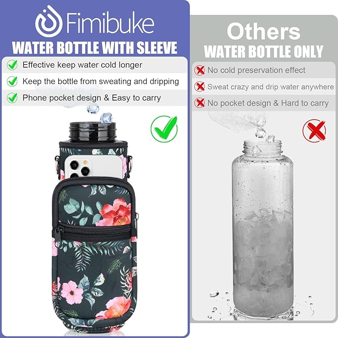 Fimibuke 32 oz Water Bottle with Sleeve - BPA Free Leakproof Sport Large 1L Plastic Motivational Water Bottle with Straw Strap & Insulated Neoprene Holder Carrier Bag Great Xmas Gift for Women Men