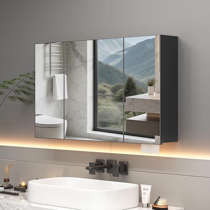 23.6 x 39.4 inch Bathroom Medicine Cabinet with Mirror, Black Metal Framed Mirror Medicine Cabinet with Storage, Pre-Assemble Medicine Cabinets for Bathroom, Recessed or Surface Mount