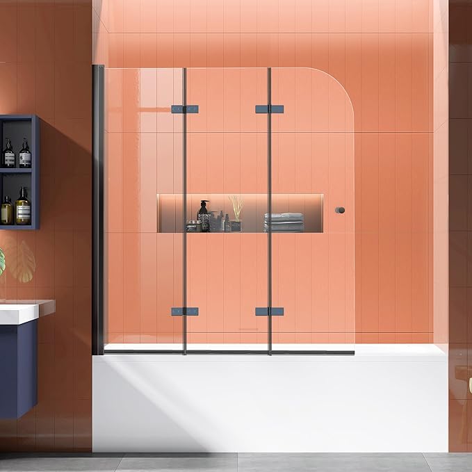 Bathtub Shower Doors 51.2-51.8 in. W × 59 in. H, 1/4" (6mm) Clear Tempered Glass Shower Door, Framless Bi-fold Triple Glass Panels Shower Door with Clamps, Matte Black