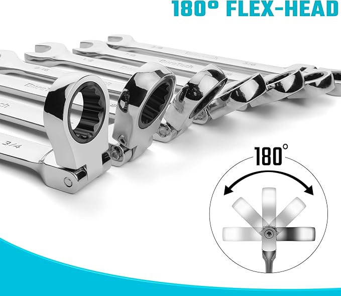 DURATECH 9-Piece Flex-Head Ratcheting Wrench Set, Combination Wrench Sets, 72 Tooth, SAE, 5/16'' to 3/4'', CR-V Steel, Mirror Polished Chrome Plated with Rolling Pouch
