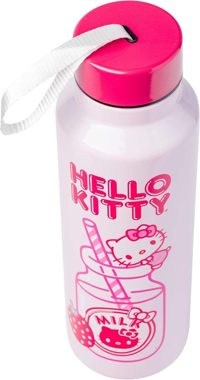 Silver Buffalo Hello Kitty Kawaii Strawberry Milk Pink Stainless Steel Water Bottle with Strap, 27 Ounces
