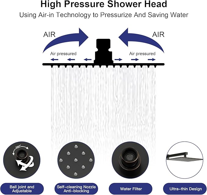 RUMOSE Oil Rubbed Bronze Rainfall Shower System 12 Inch High Pressure Square Shower Head with 2 in 1 Handheld Spray Wall Mount Brass Bathroom Shower Faucet Set with cUPC Certified Rough-in Valve
