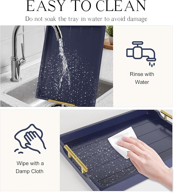 Coffee Table Tray - Large Ottoman Tray for Living Room - Wood Serving Tray with Handles(2 Sets) - Wooden Trays for Coffee Tables, 4 Round Coasters Included, Deep Blue