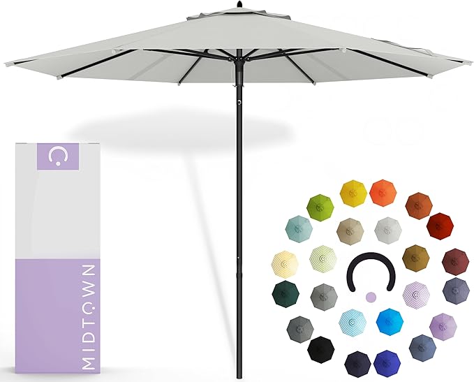 Midtown Umbrellas Push and Pop 9 Feet Outdoor Umbrella, Off White Polyester Fabric - Fiberglass Ribs Deck Patio Umbrella, Backyard Umbrella, Garden Umbrella & Pool Umbrella - Black Pole