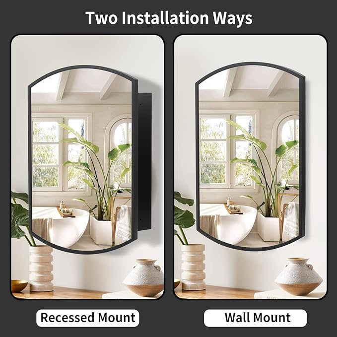 Movo 20 Inch x 31 Inch Black Beveled Arched Aluminum Medicine Cabinet with Mirror, Bathroom Mirror with Storage, Surface Mount or Recess Installation