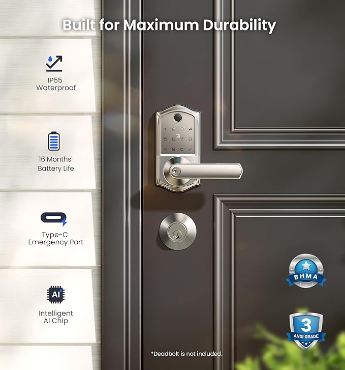 Veise VE019 Fingerprint Smart Lever Lock - APP Control, Keypad Door Lock with Handle, Keyless Entry for Front Door and Bedroom, Electronic Digital Knob, Remote Grant, IP55 Weatherproof, Satin Nickel