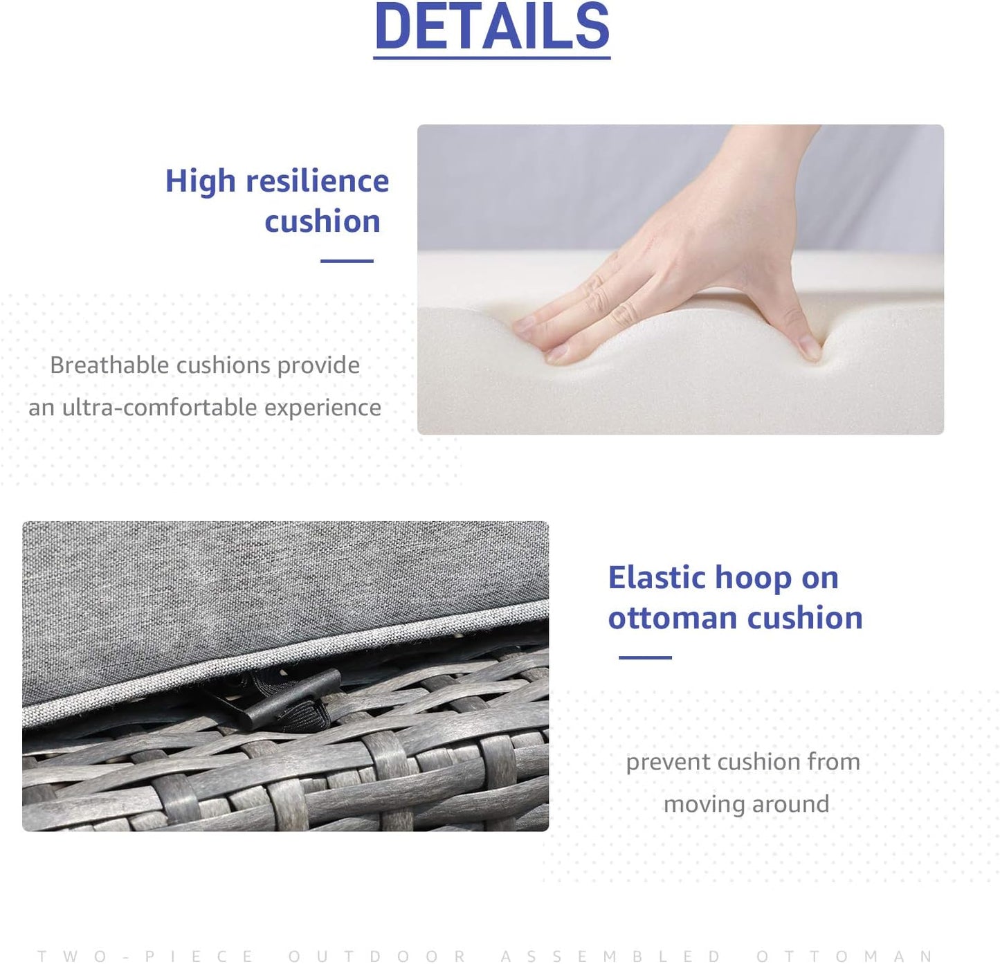 Patiorama 2 Pieces Assembled Outdoor Patio Ottoman, Indoor Outdoor All-Weather Grey Wicker Rattan Outdoor Footstool Footrest Seat with Light Grey Cushions, No Assembly Required