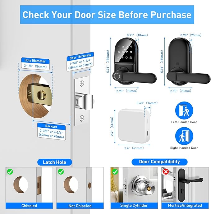 Smart keypad Door Lock with Handle，Fingerprint Keyless Entry Digital Lock with Built-in doorbell for Front Door,Bedroom,biometric Door knob,with Gateway Remote APP Control