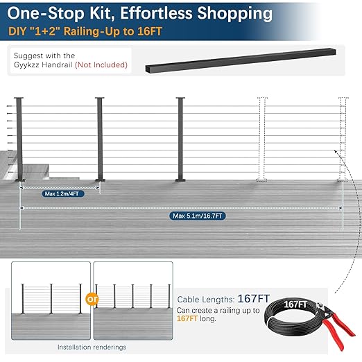 3 Pack Economical One-Stop Cable Railing Post Kits 36", Stainless Steel T304 Deck Railing System with Swageless Tensioner, Upgraded Black Powder Coated Level Drilled Post Kits with DIY Length