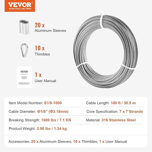 VEVOR 1/8 Stainless Steel Cable, 1/8 Wire Rope, 100 FT 316 Cable Wire 20 Sleeves & 10 Thimbles, 1600 lbs Breaking Strength, 7x7 Strands Marine Aircraft Grade for Handrail Stair Decking Fence Outdoors