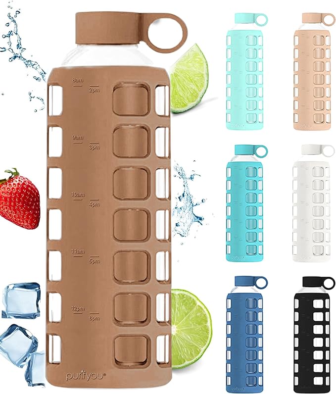 purifyou Premium Glass Water Bottles, 40/32/ 22/12 oz Reusable Drinking Bottle with Time & Volume Markings Silicone Sleeve & Stainless Steel Lid for Water, Coffee, & Fruit Juice (40oz Iced Coffee)