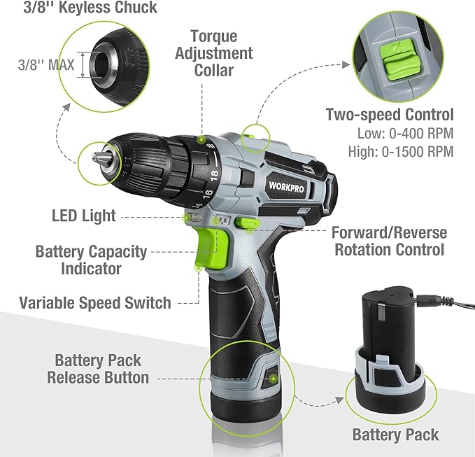 WORKPRO Cordless Drill Driver Kit, 12V Electric Screwdriver Driver Tool Kit, 3/8" Keyless Chuck, Charger and Storage Bag Included