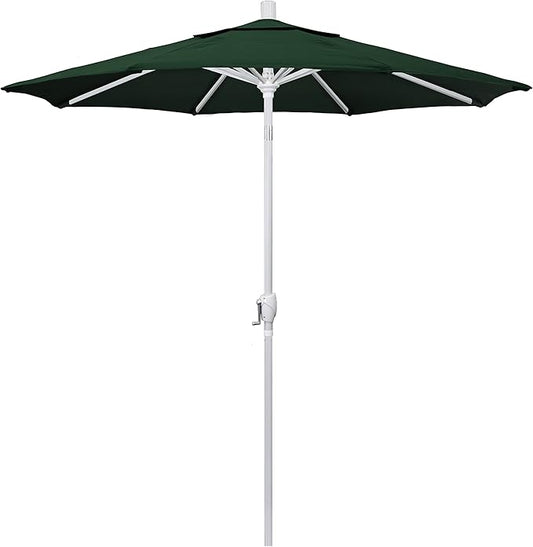 California Umbrella 7.5' Round Aluminum Market Umbrella, Crank Lift, Push Button Tilt, White Pole, Hunter Green Olefin