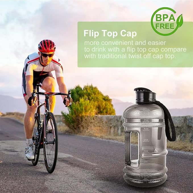 Water Jug 2.2L Large Sport Water Bottle Big Capacity Leakproof Container BPA Free Plastic with Carrying Loop Fitness for Camping Training Bicycle Hiking Gym Outdoor (Black)